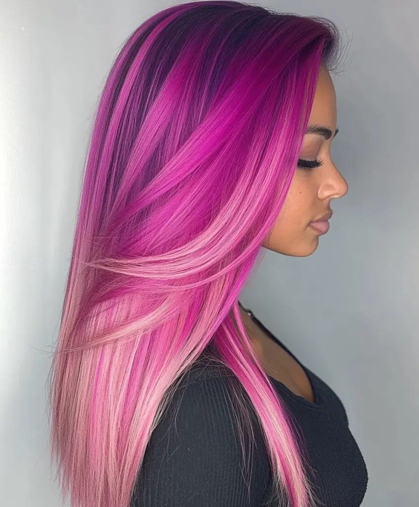 Bubblegum pink balayage on straight hair 