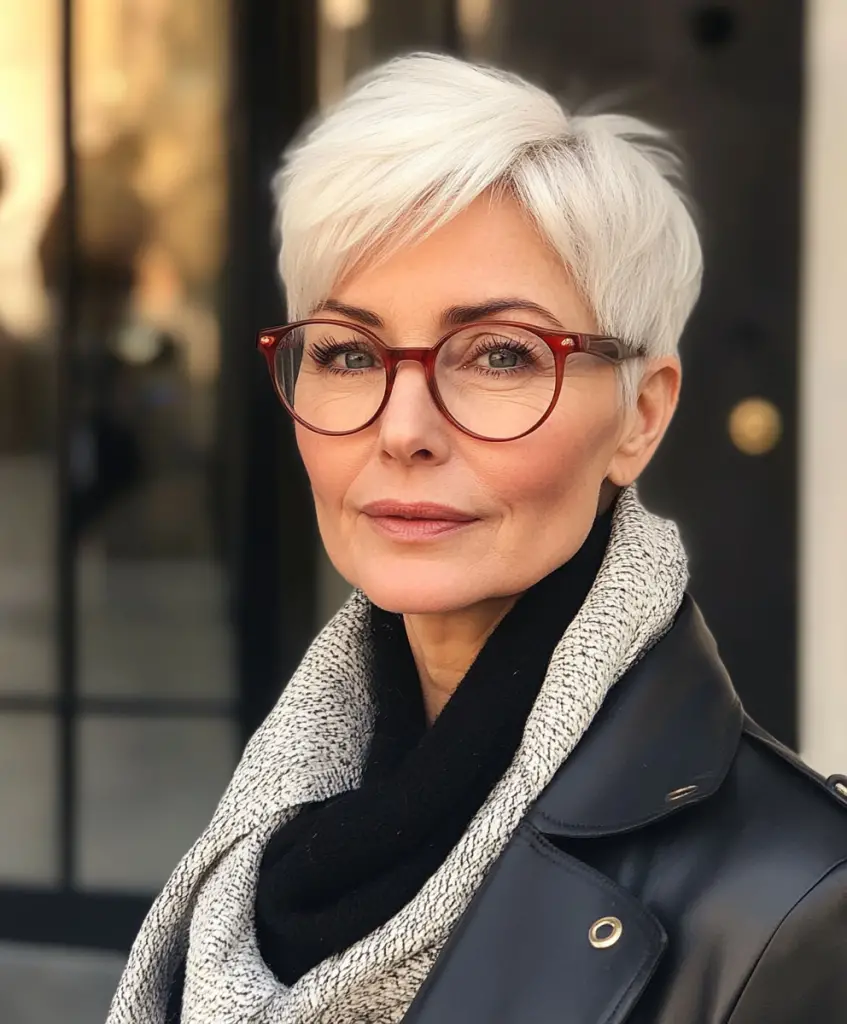 Older woman with a pixie cut wearing glasses