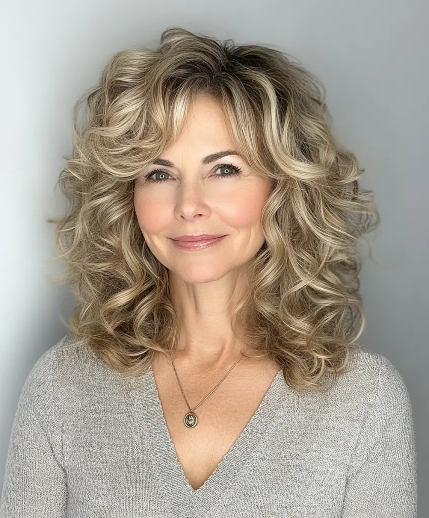 Woman over 50 with fine hair styled in soft waves and highlights