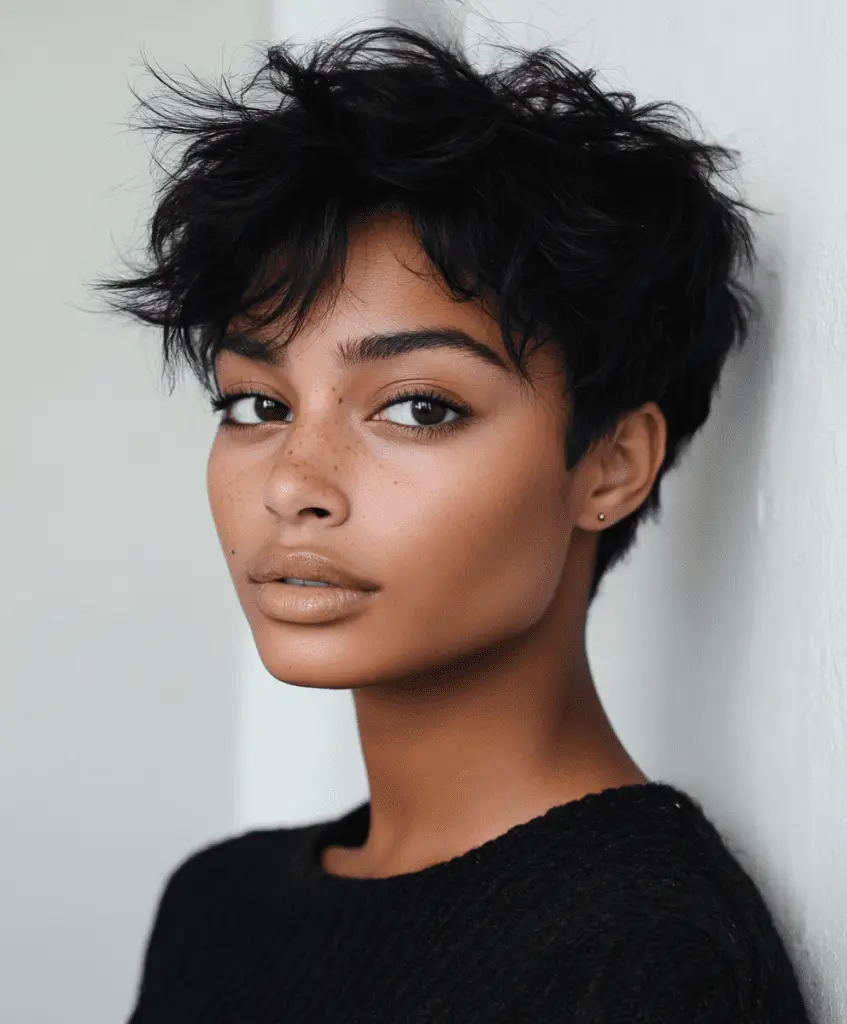 A Black woman with a short, choppy cut with lots of texture and movement