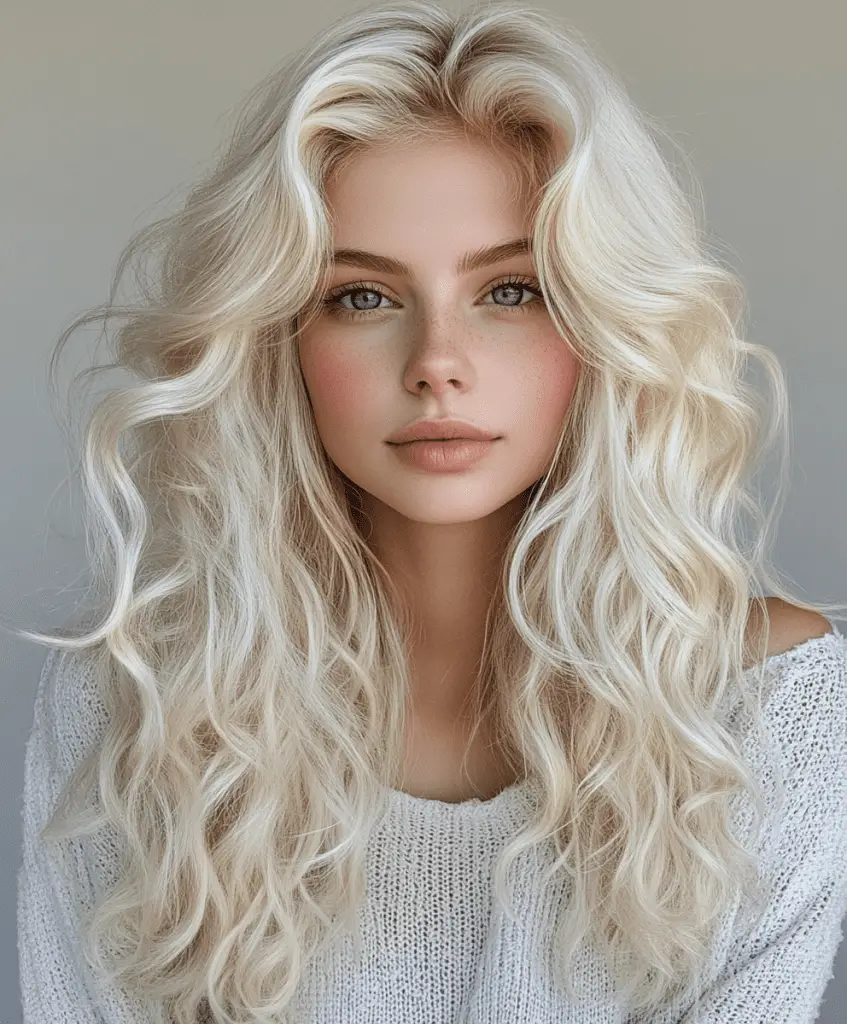 Voluminous platinum blonde curly hairstyle