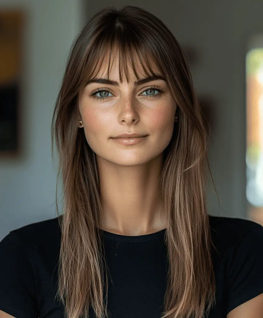 Sleek medium-length hair with blunt bangs