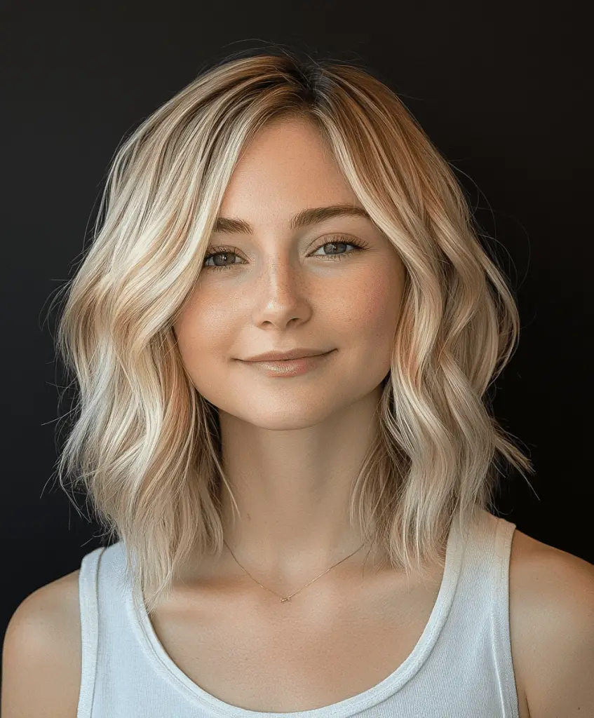 Image of a woman with a choppy lob haircut