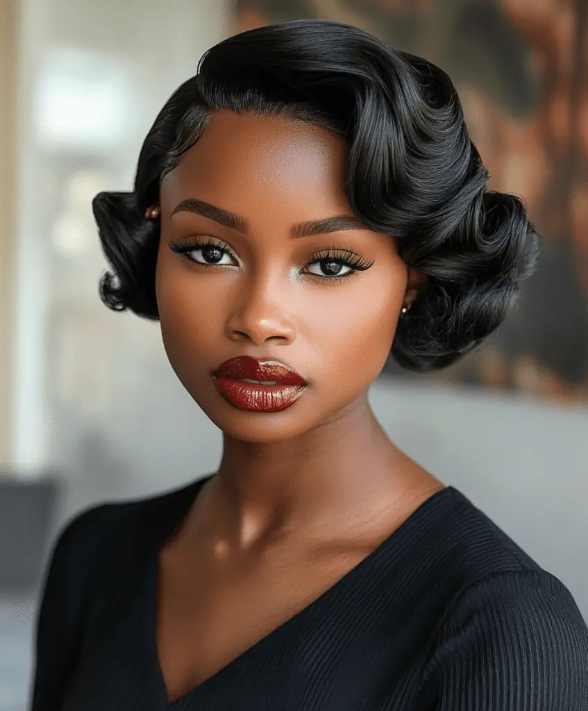 A glamorous shot of a Black woman with short hair styled into classic finger waves.