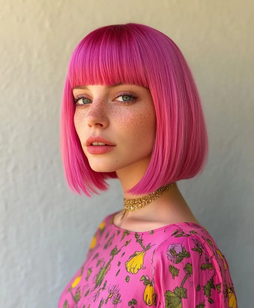 Peony pink classic bob with blunt bangs 