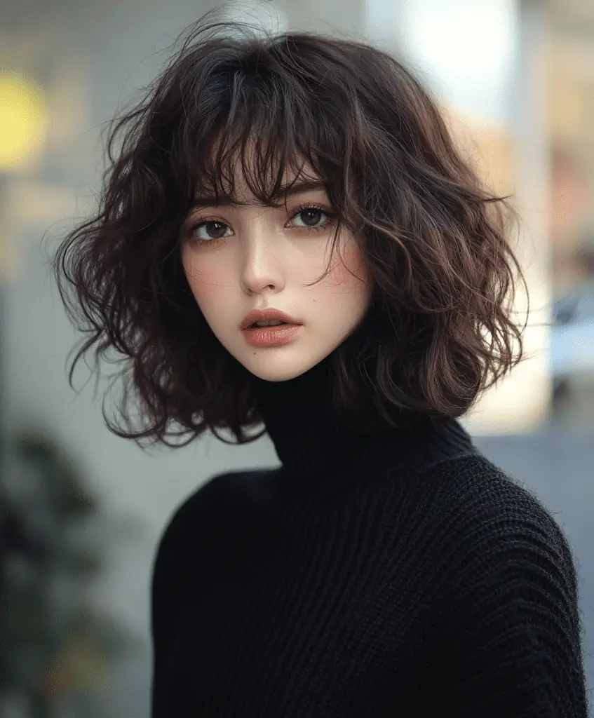 Medium-length bob hairstyle with curly bangs