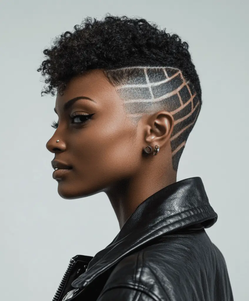 A Black woman with a tapered cut featuring intricate shaved designs on the sides