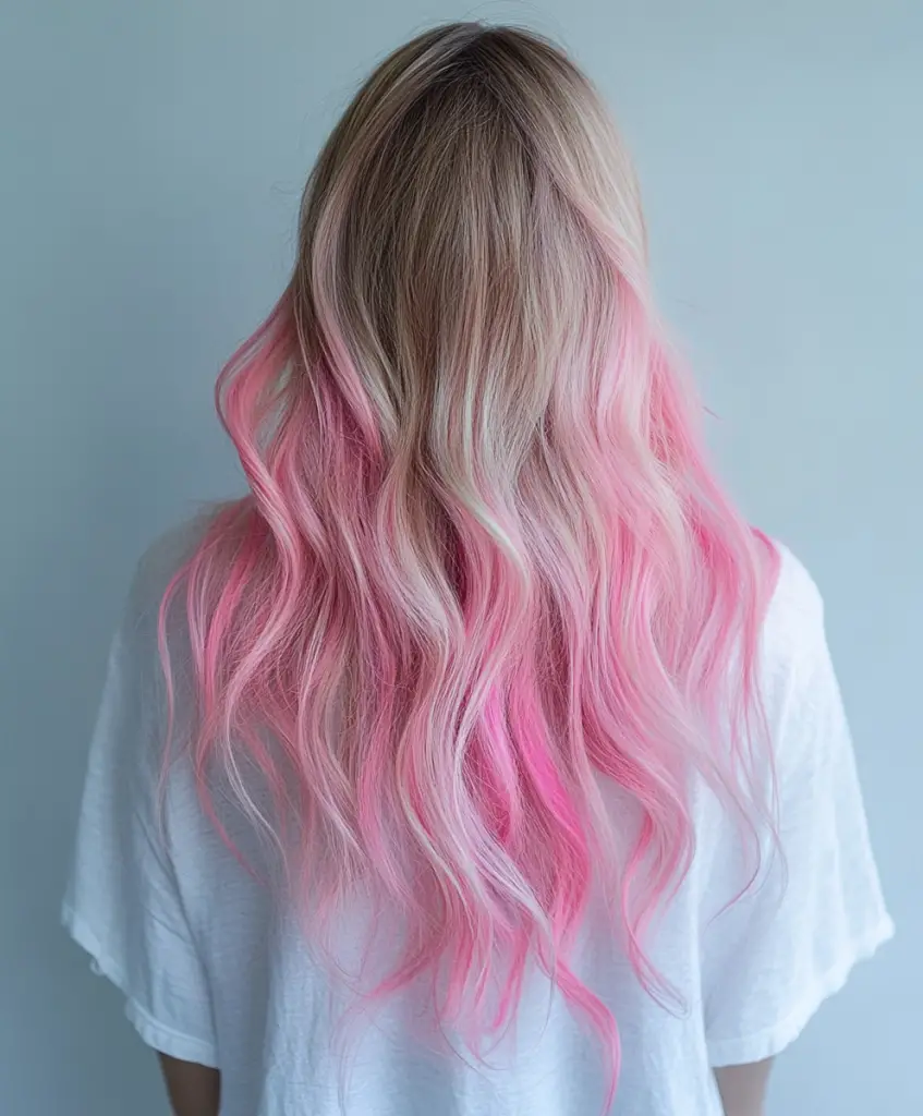 Bubblegum pink ombre on long hair 