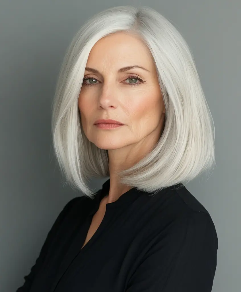 Sleek lob with center part for older women