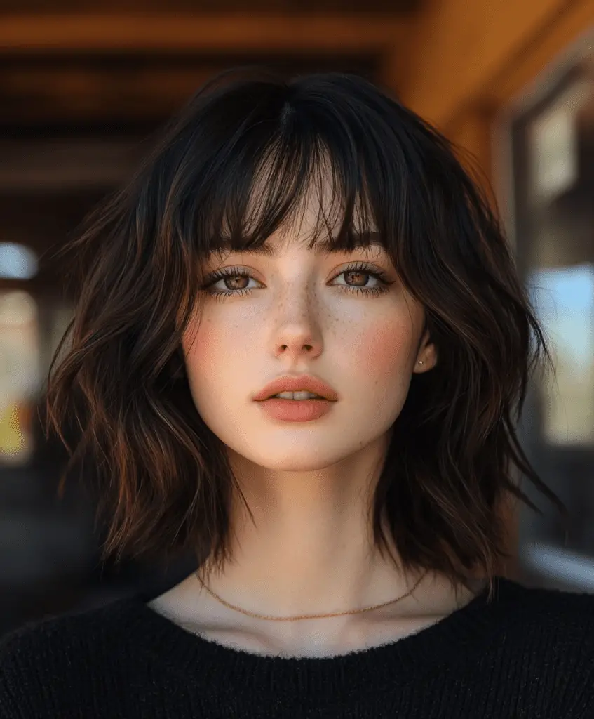 Image of a woman with a tousled lob haircut