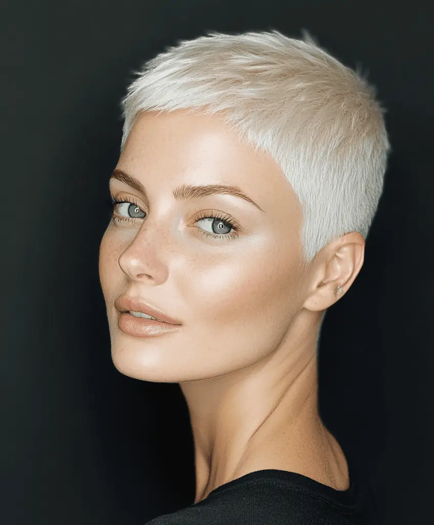 Bold platinum blonde buzz cut