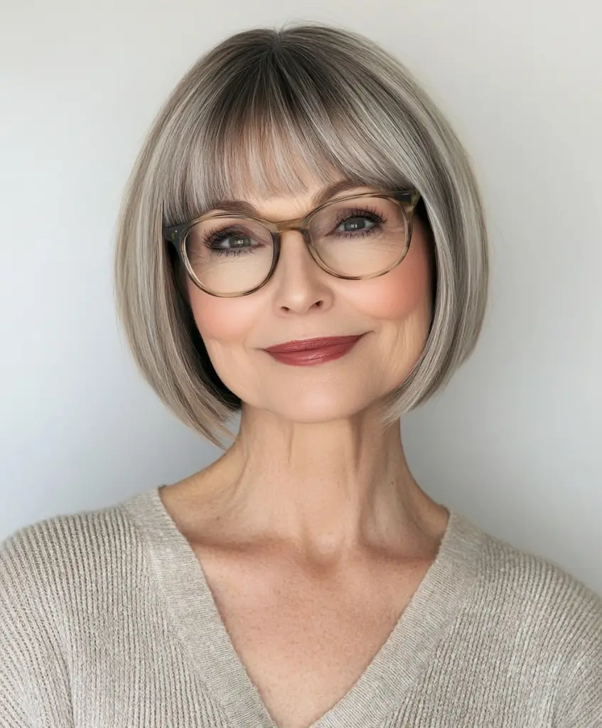 Chin-length bob with bangs for older women