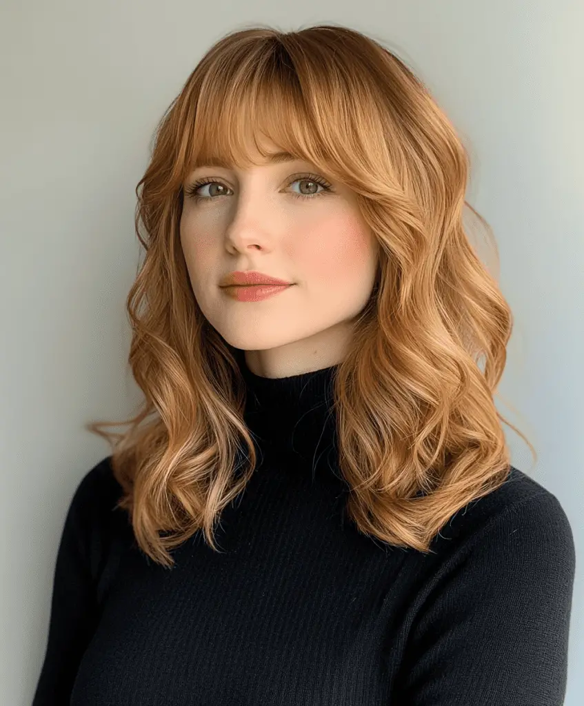 Medium-length hairstyle with thick bangs