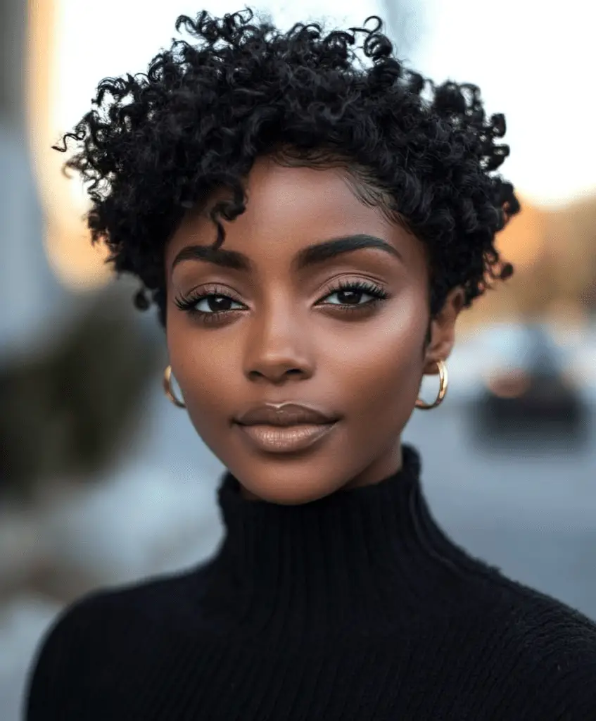 A Black woman with a short pixie cut that embraces her natural curl pattern