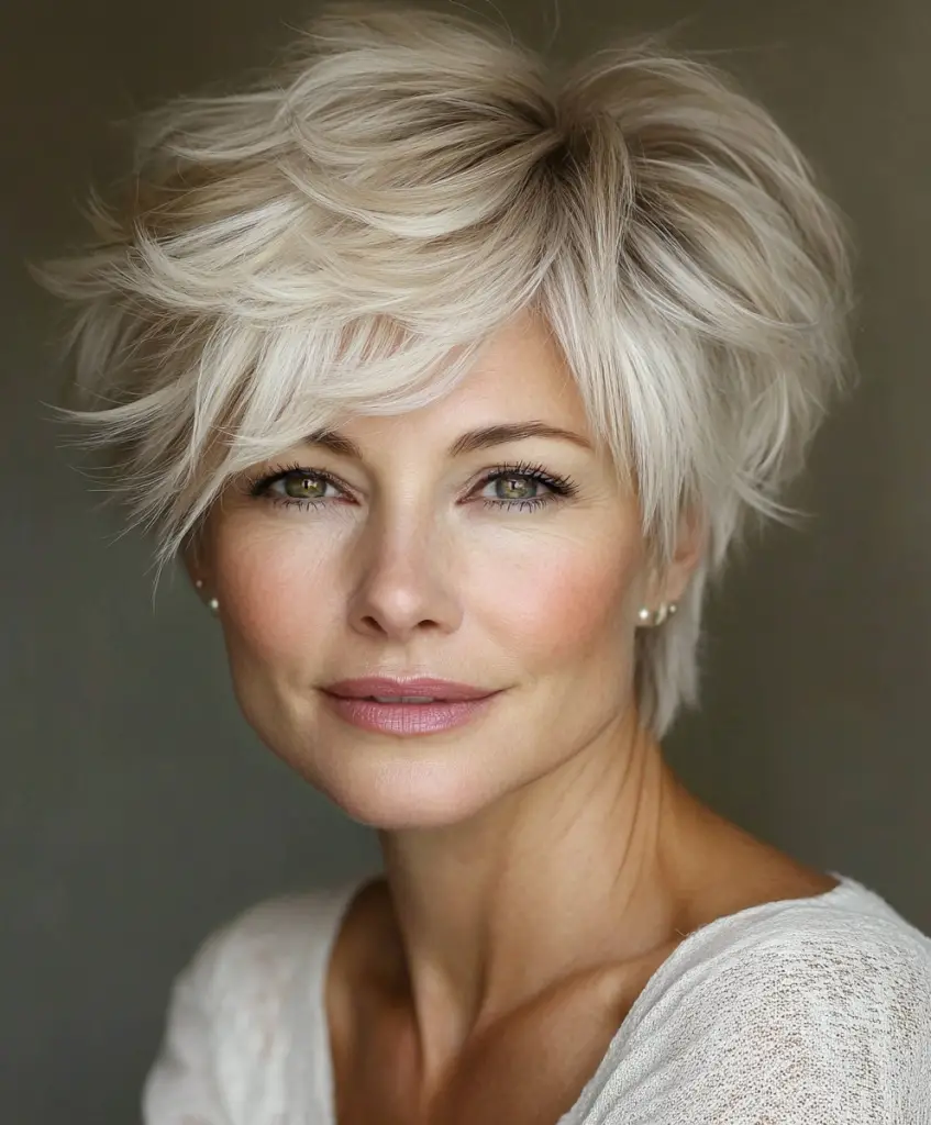 Feathered pixie cut for older women with thinner hair