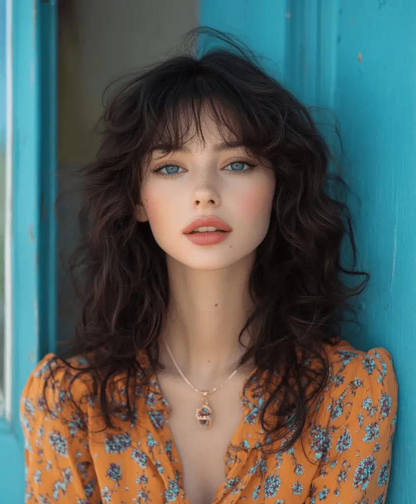 Curly shag haircut with long bangs