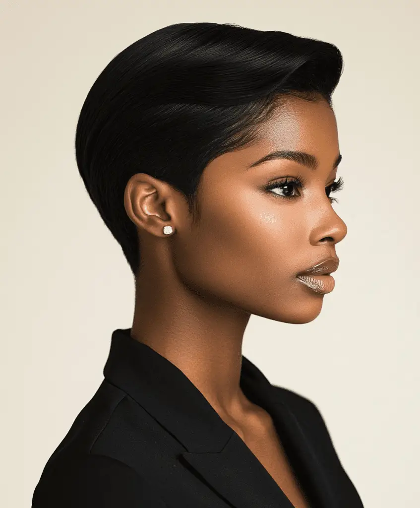 A sleek look of a Black woman with shaved sides and longer hair slicked back on top