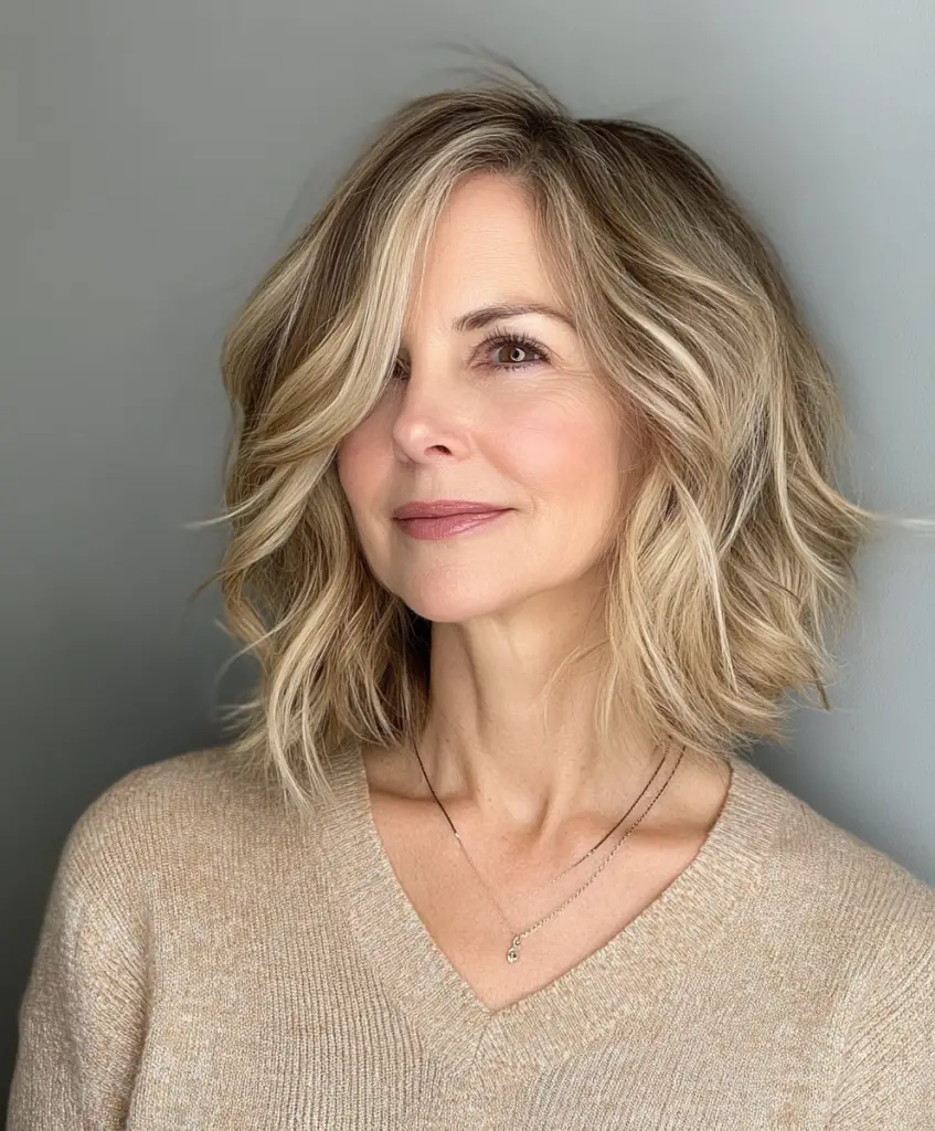 Textured lob with beachy waves for older women