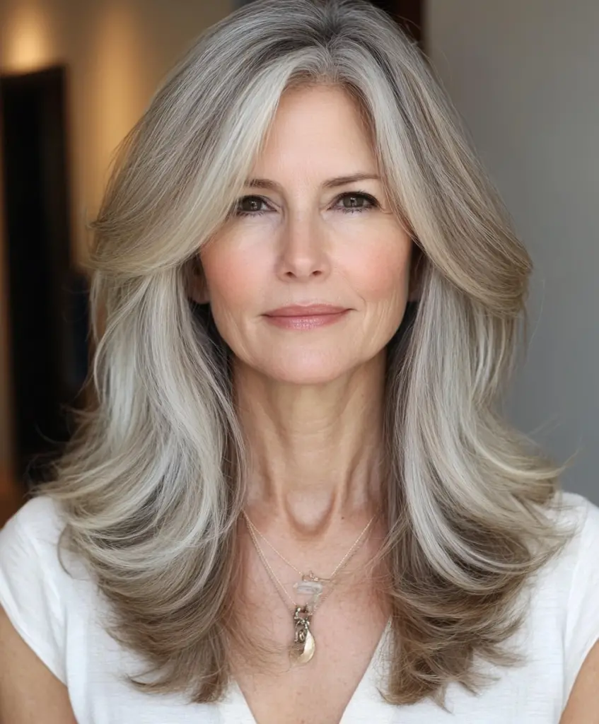 Long layers with face-framing highlights for fine hair