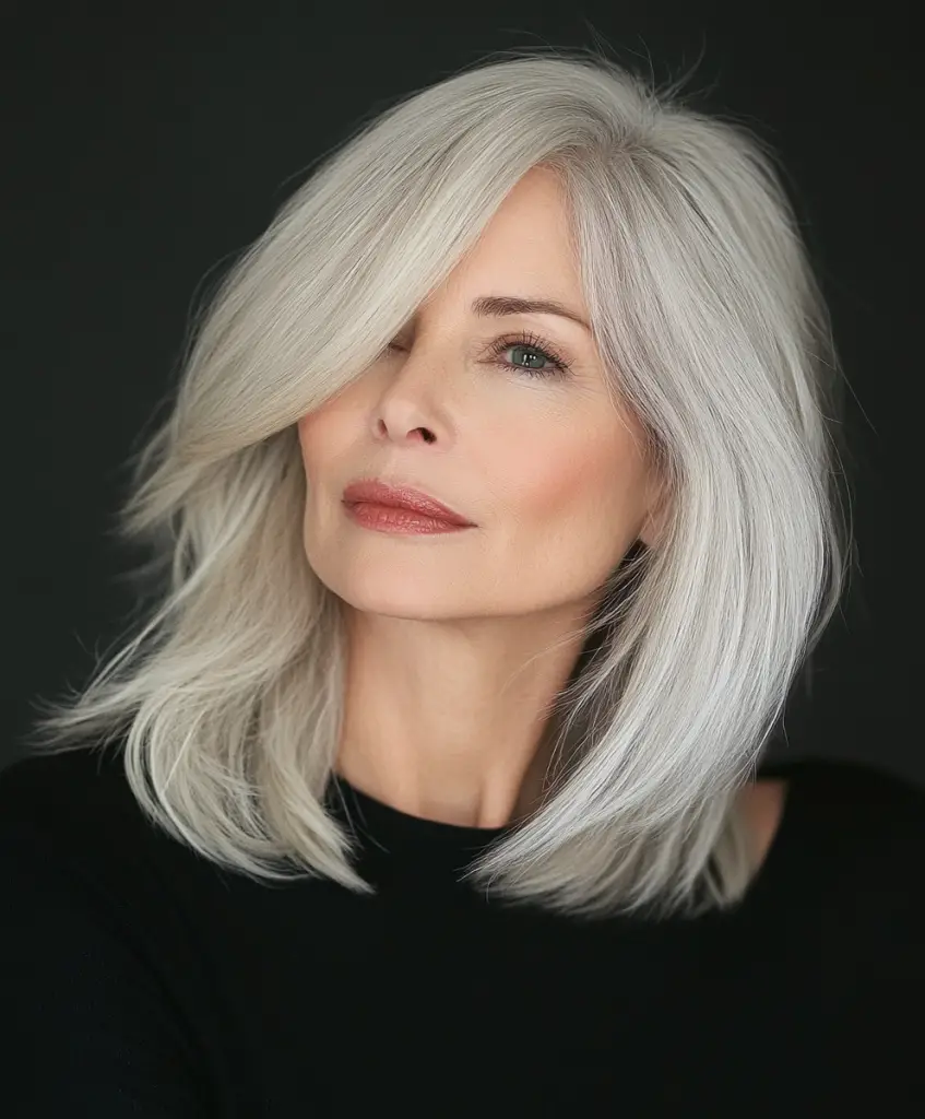 Side-swept lob hairstyle for older women