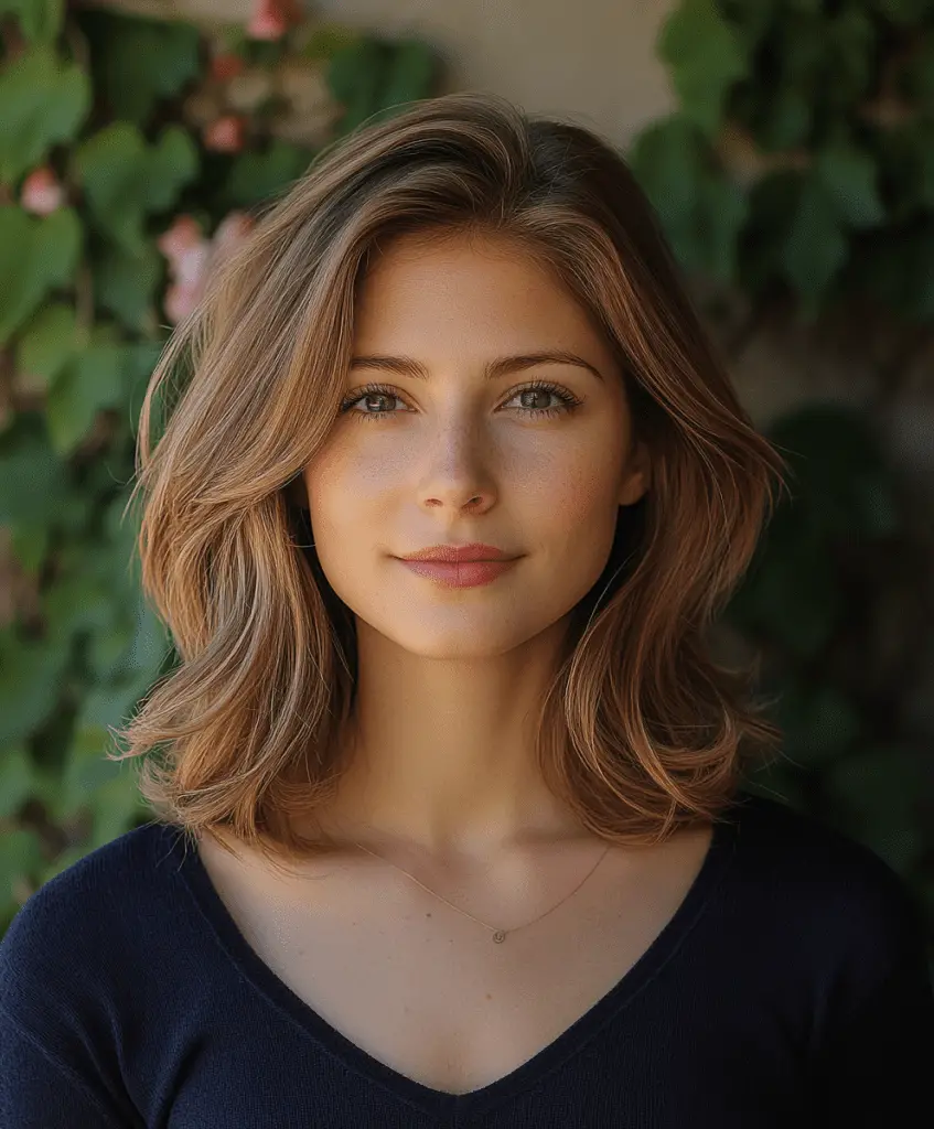 Image of a woman with a center-parted lob haircut