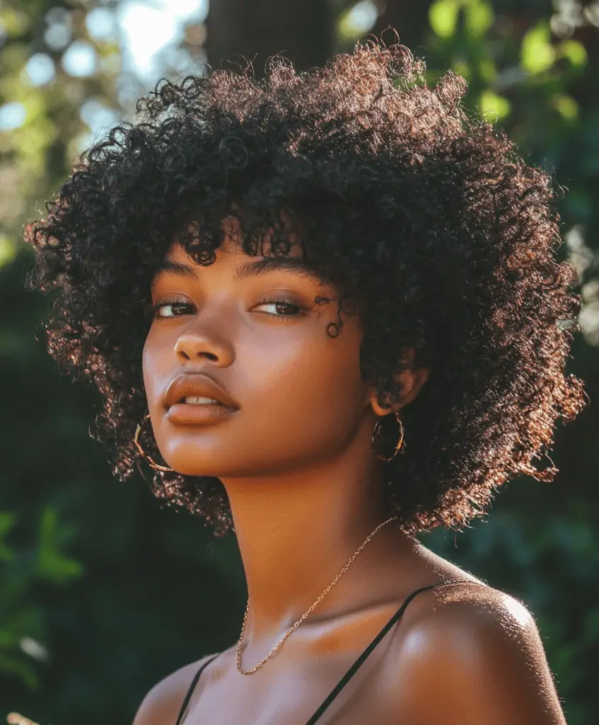 A close-up of a Black woman's head covered in small