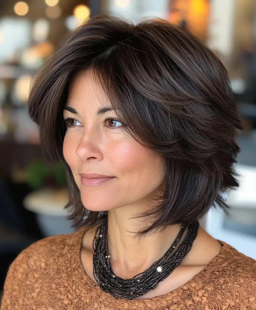 Layered bob cut for older women with thicker tresses