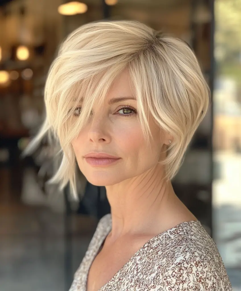 Mature woman with fine hair wearing a classic bob cut