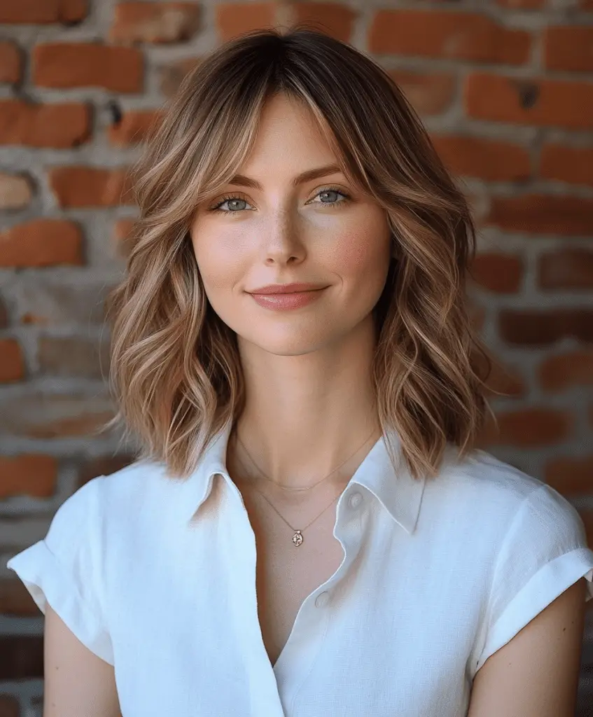 Medium-length layered haircut with side-swept bangs