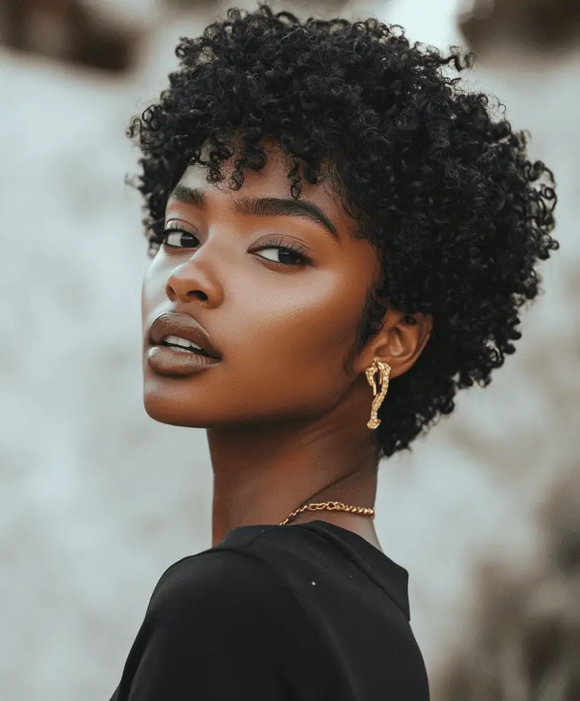 A side profile of a Black woman with a tapered afro