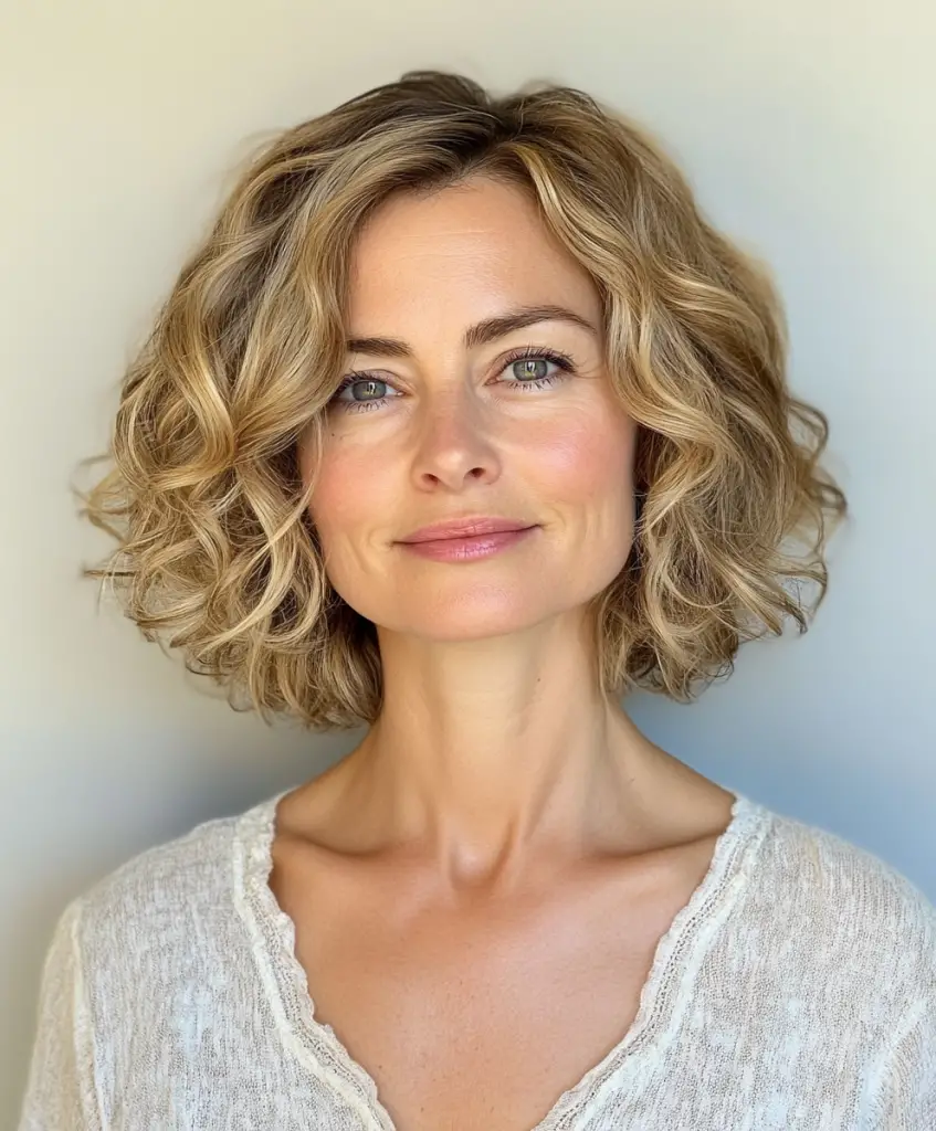 Curly bob with highlights for women over 60