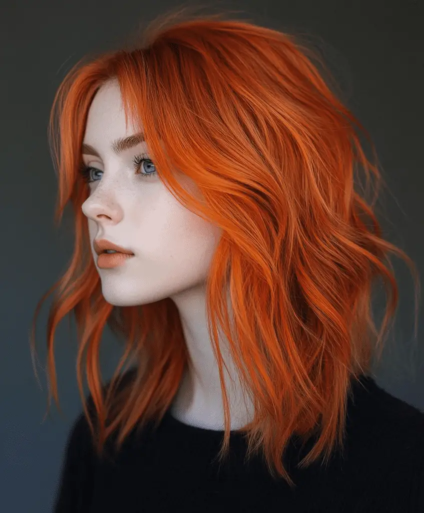 Bright copper streaks in medium-length hair