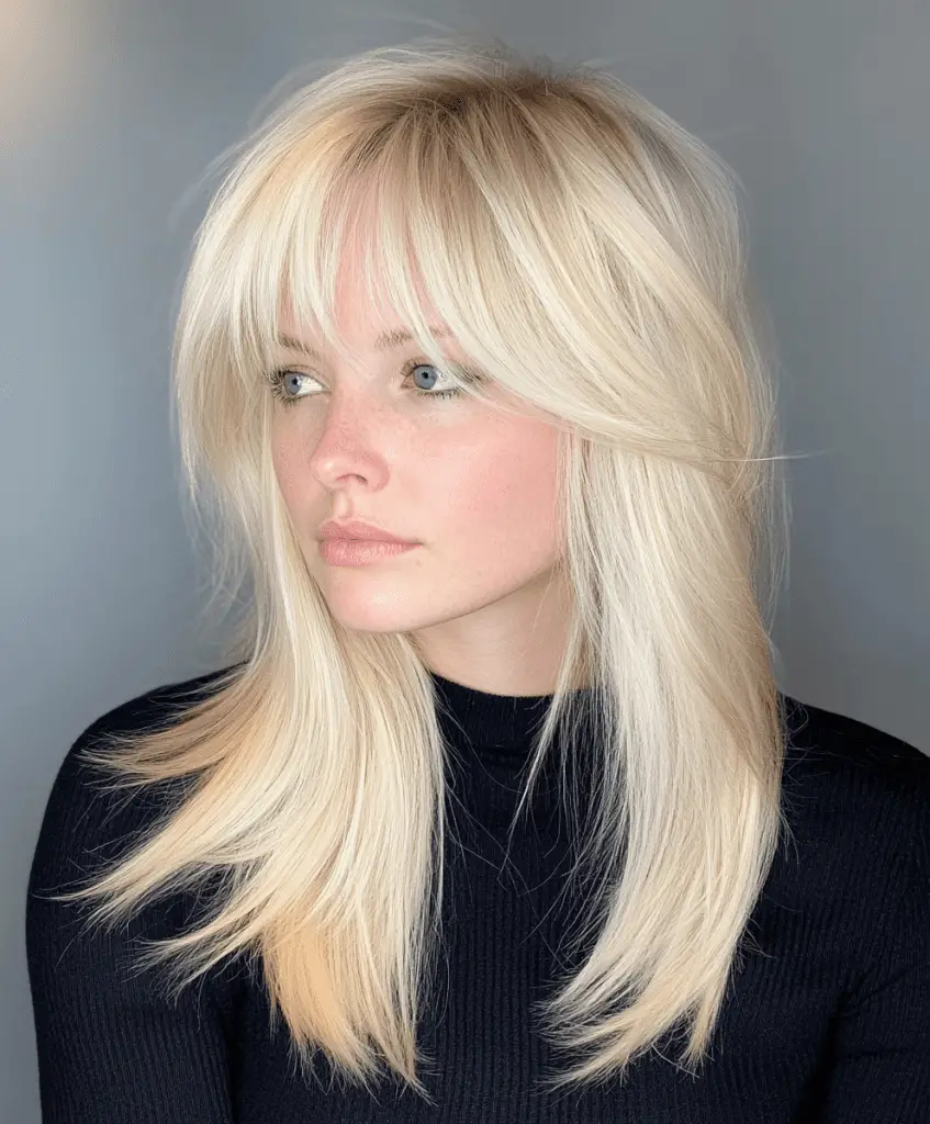 Platinum blonde shag cut with curtain fringe