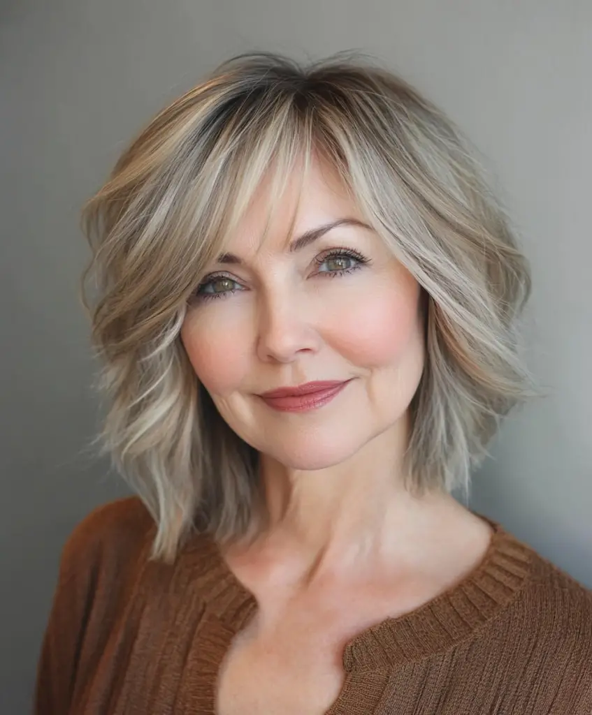 Layered bob with side bangs for women over 60