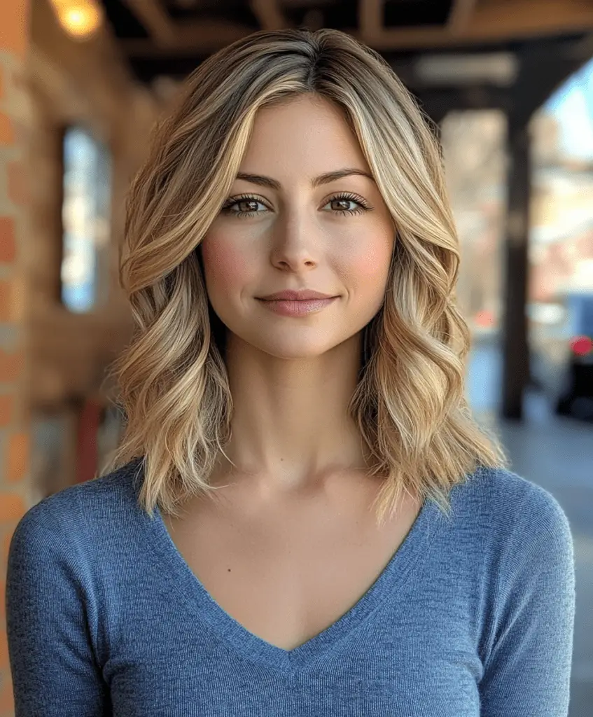 Image of a woman with a honey-blonde lob haircut