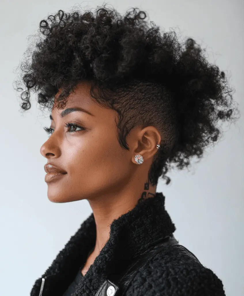 A Black woman with shaved sides and a strip of natural curls styled upwards in the center