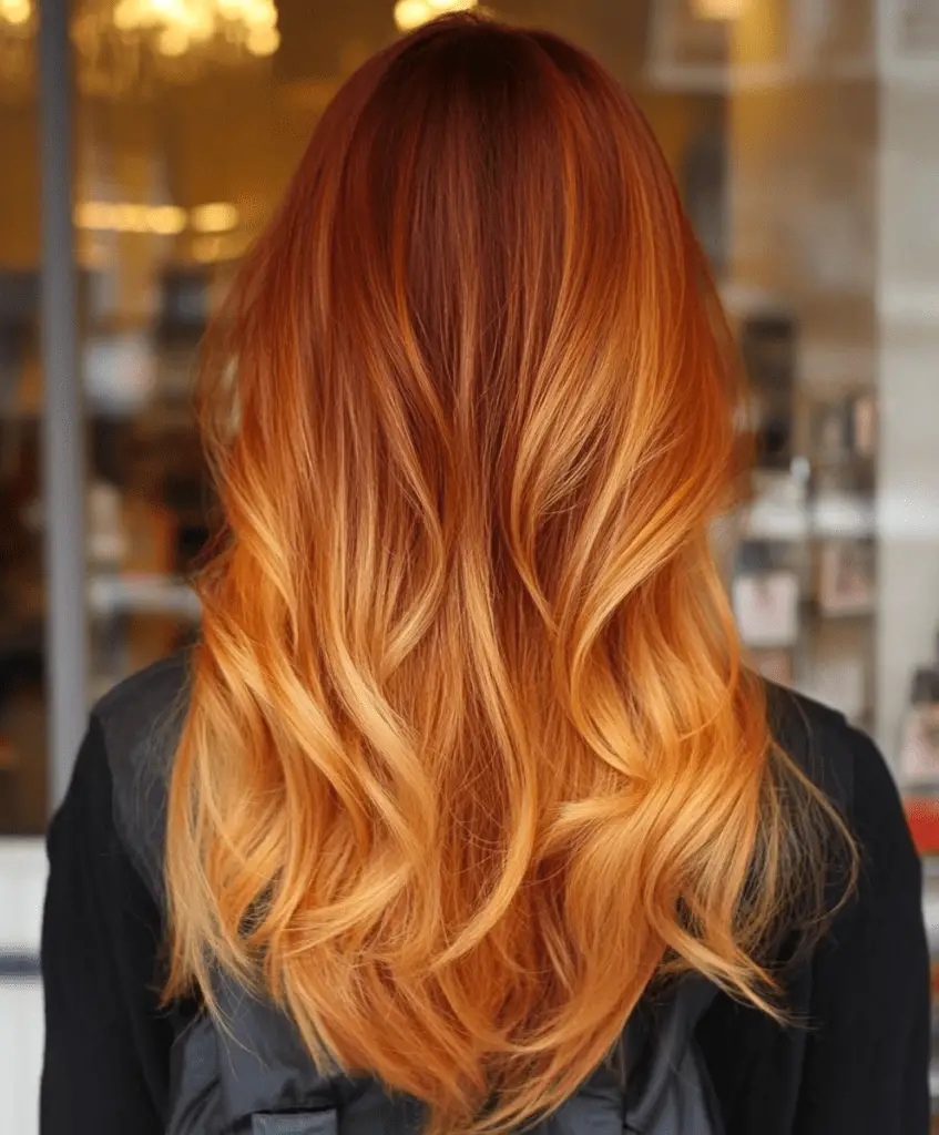 Warm copper and golden ombre hair color