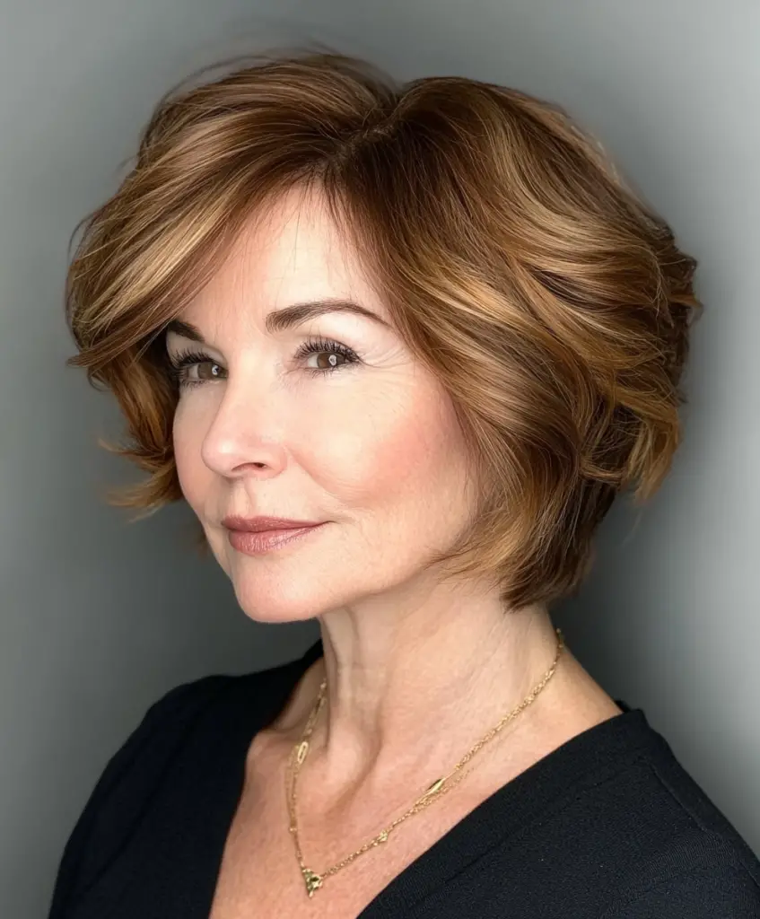 Curly bob with deep side part for women over 60