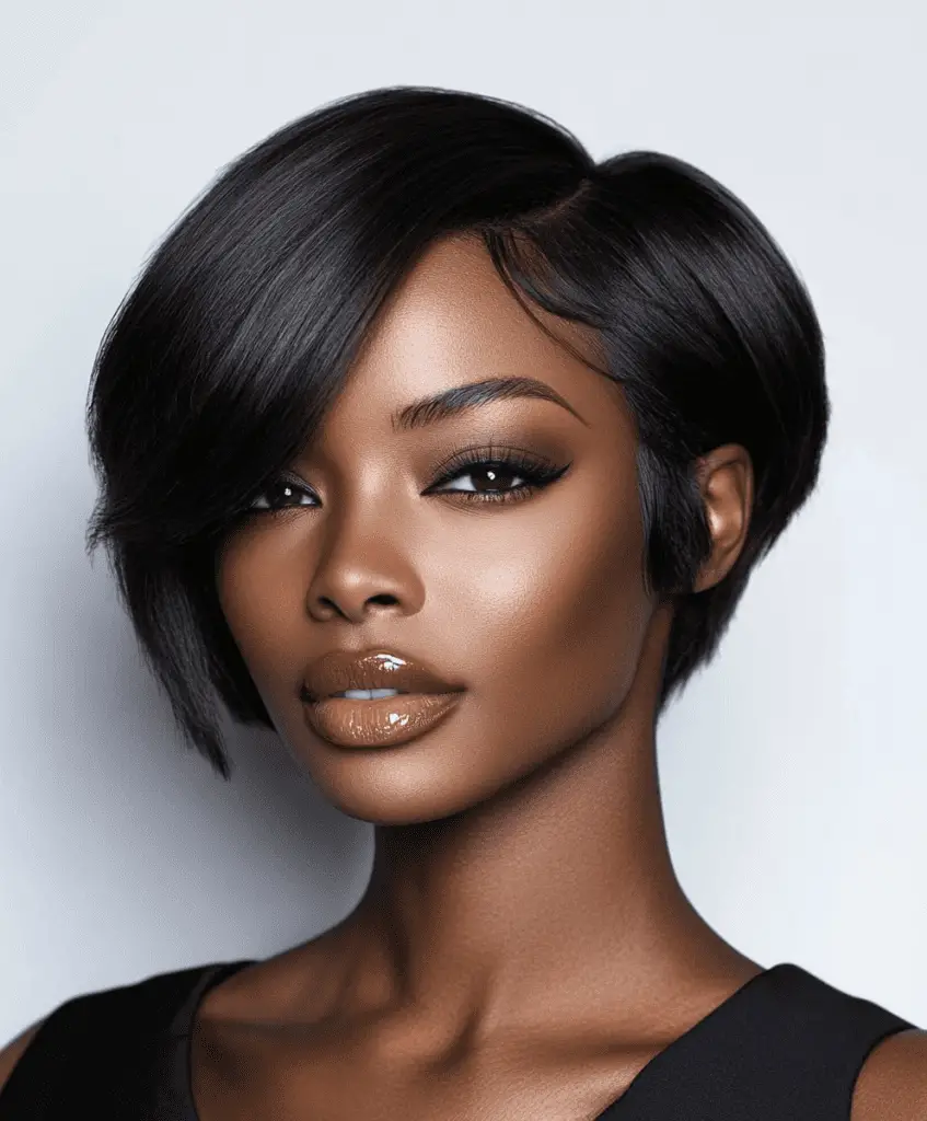 A Black woman with short hair neatly brushed back from her forehead for a sleek look