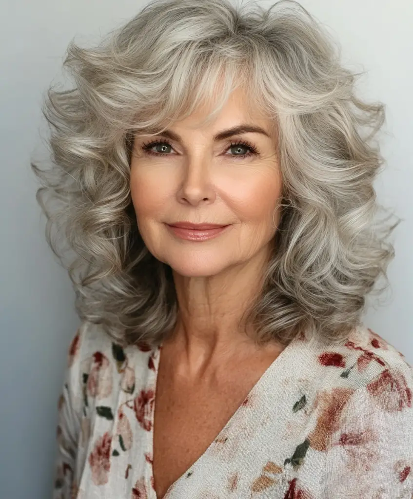 Medium-length layers with soft curls for older women