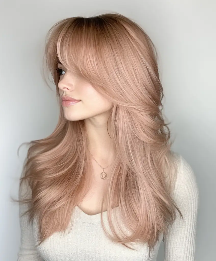 Rose quartz pink curtain bangs 