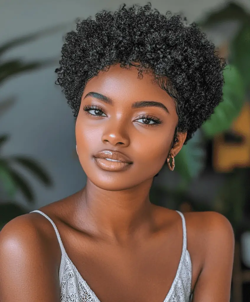 A Black woman with a short, neat afro and a defined side part