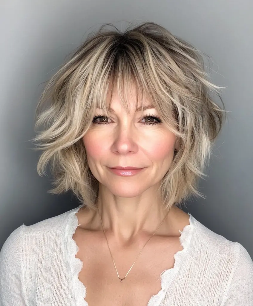 Choppy bob with bangs for older women