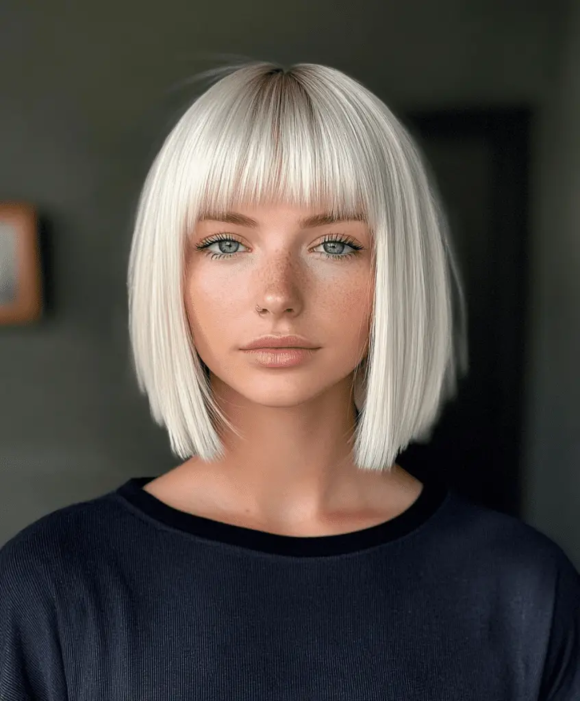 Platinum blonde bob with blunt bangs