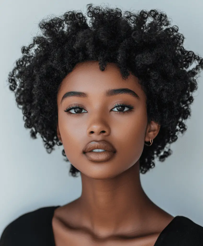 A close-up of a Black woman's head covered in small