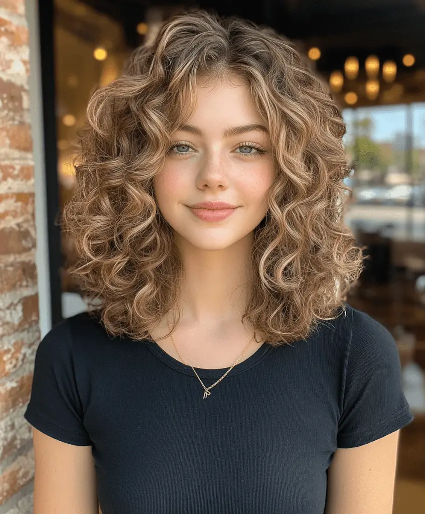 Medium-length curly hairstyle with blunt bangs