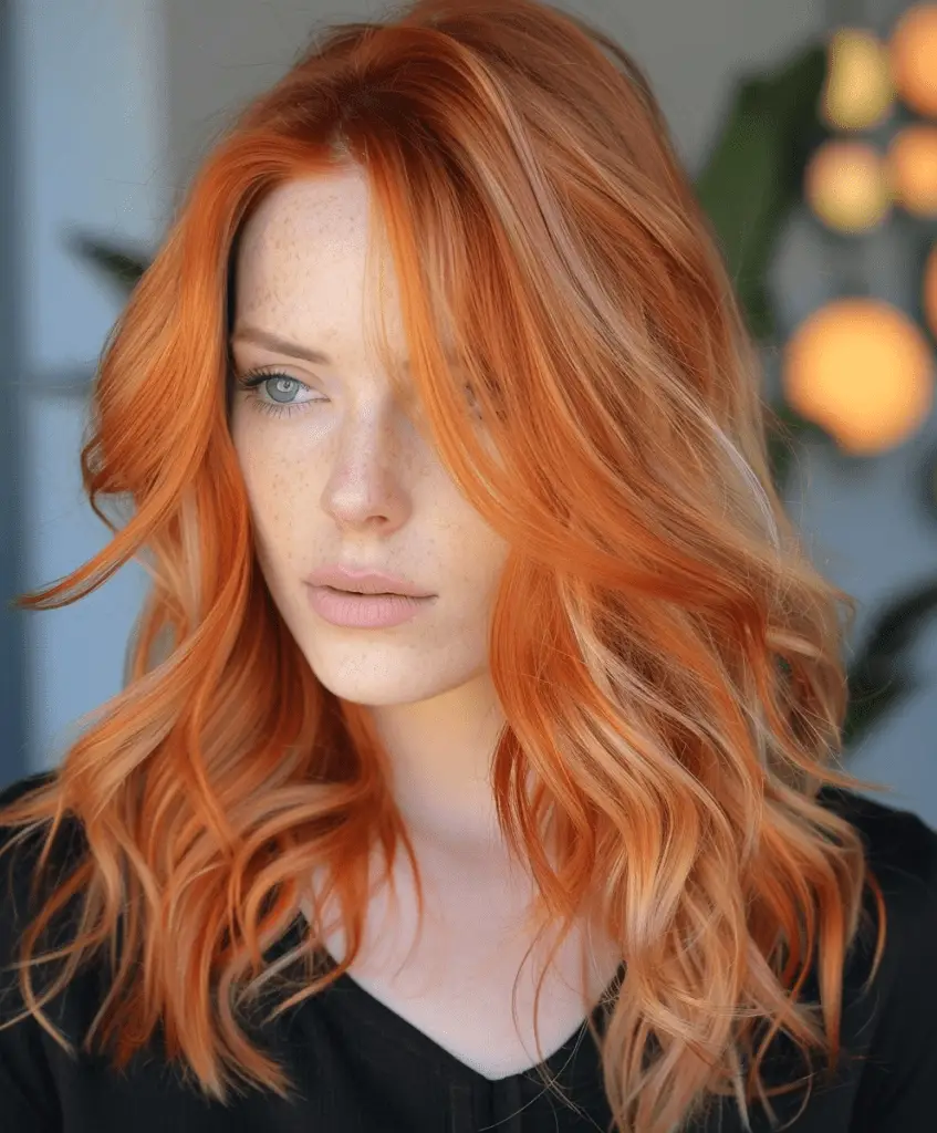 Warm copper and peach balayage hair