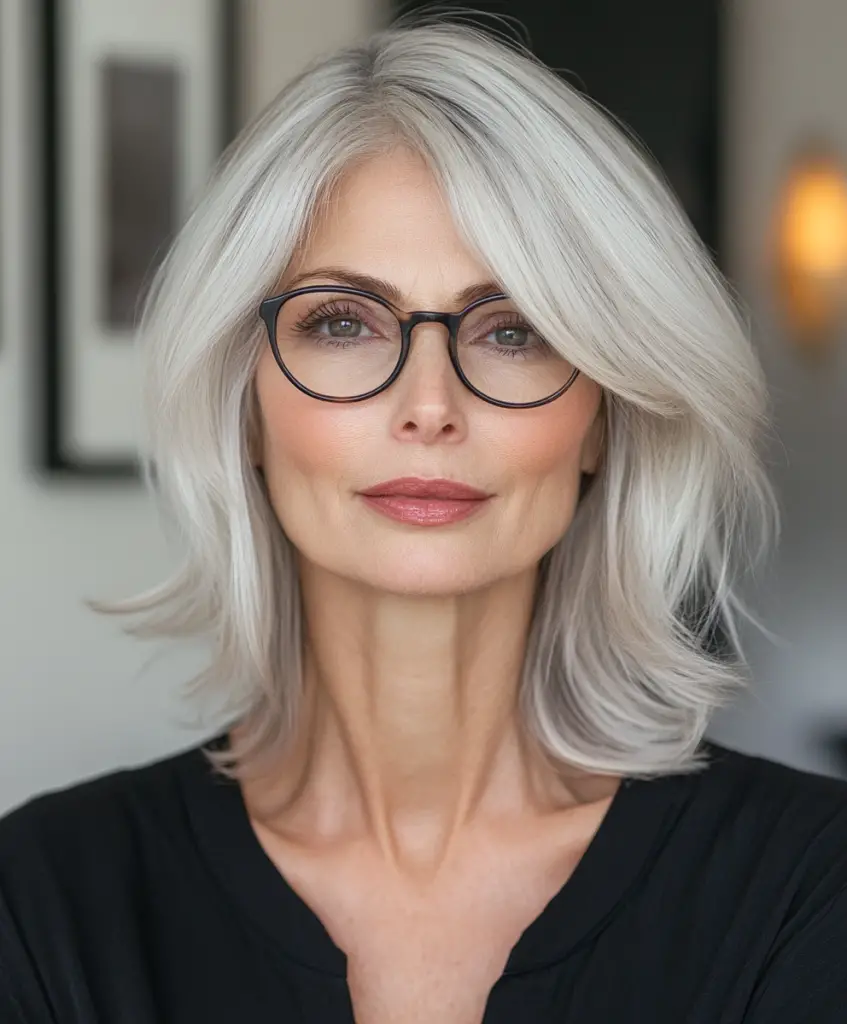 Blunt cut with side-swept bangs for older women