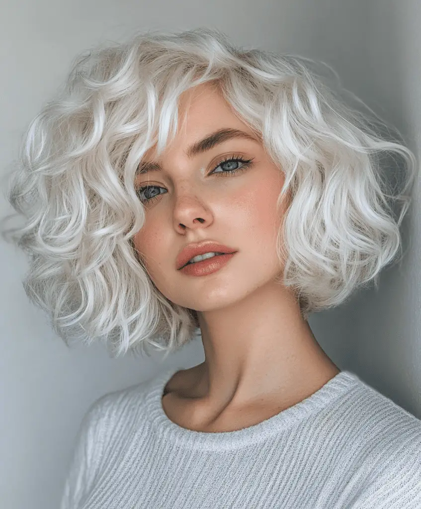 Platinum blonde curly bob for fine hair