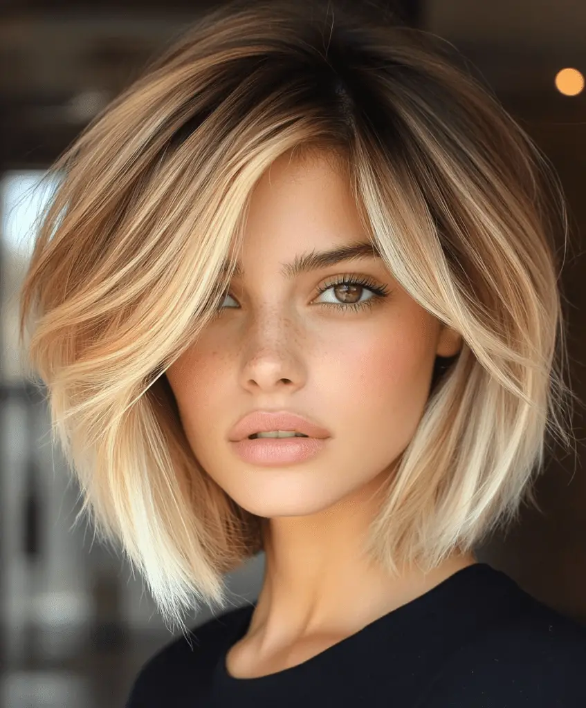 Image of a woman transitioning from a bob to a lob haircut